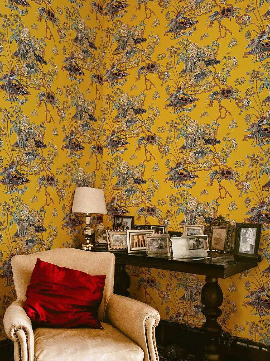 Sacred Pheasants Amber - Asia - Blumen - Blätter - Fauna - Florale Muster - Früchte - Gebäude - Landschaft - Tiere - Vögel - Äste - Multicolor - COORDONNÈ