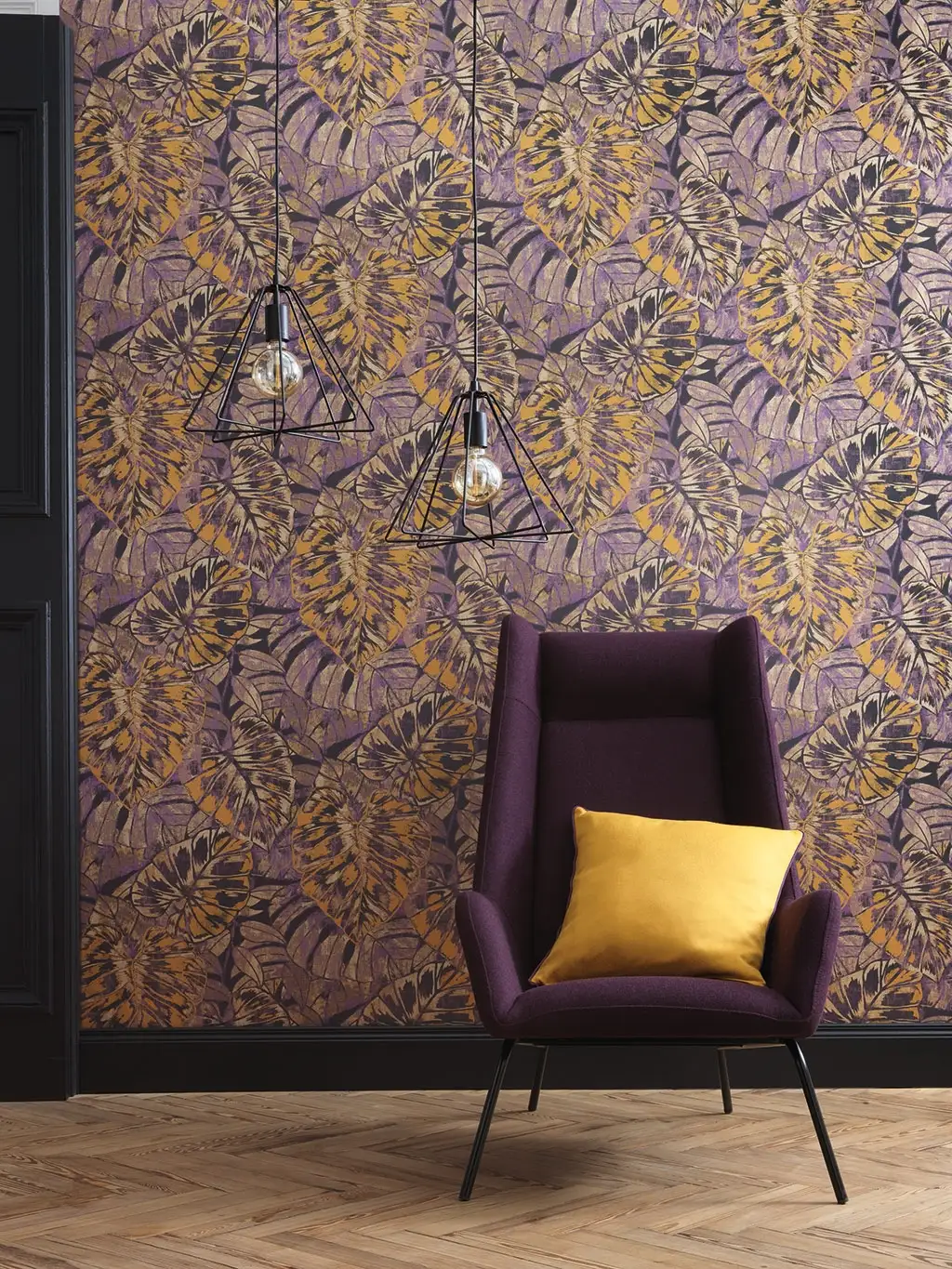 Pana, col. 6 - Blätter - Anthrazit - Gold - Lila - Casadeco