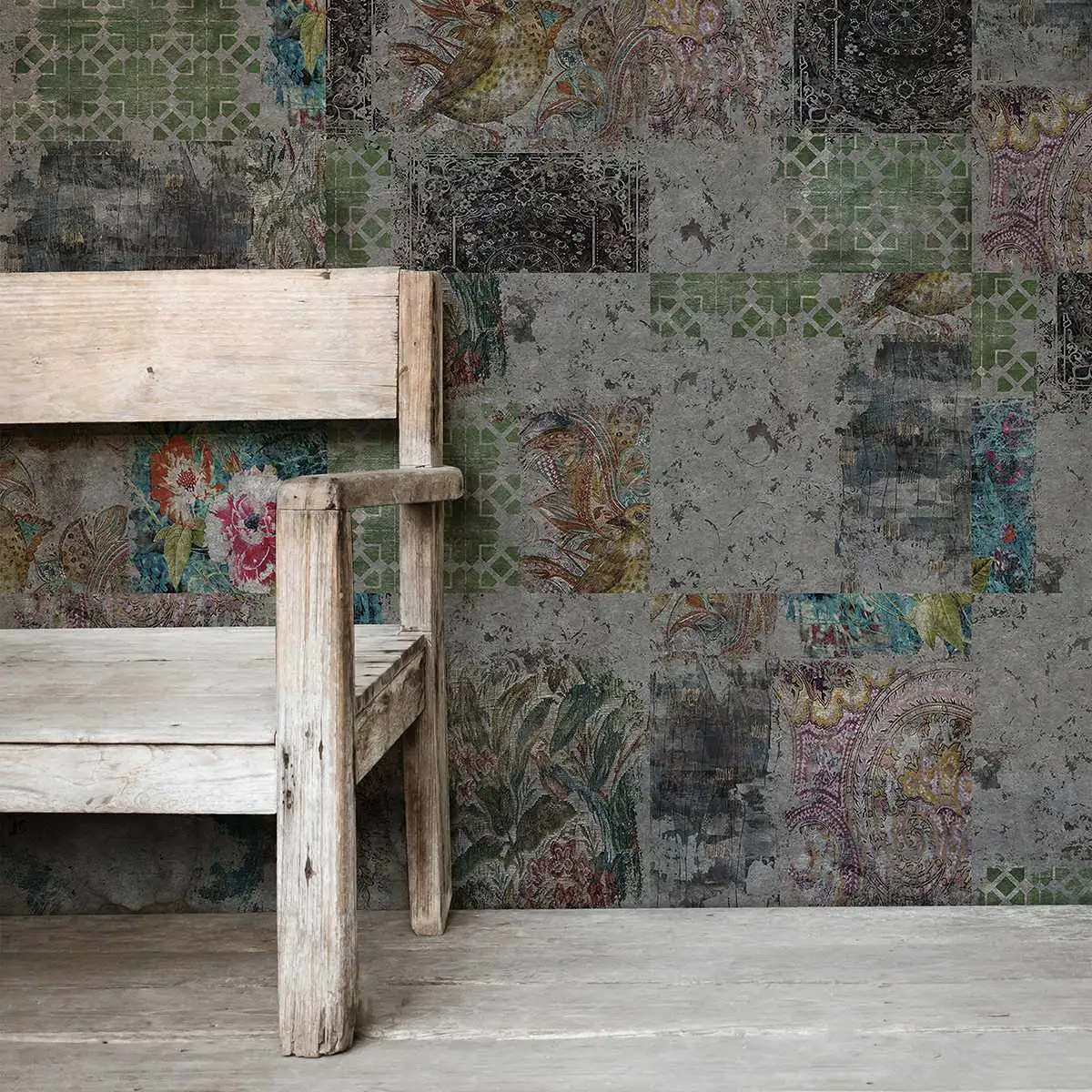 Yoyo, R1.11 - Fliesen - Kachel &amp - Patina - Stofftapeten - Grau - Multicolor - YOYO