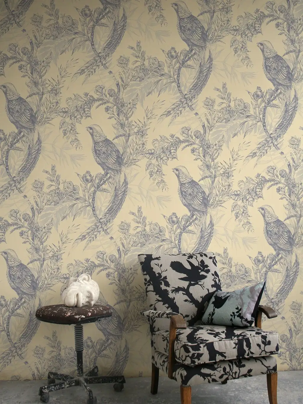 Pheasant wallpaper, Greys on Cream