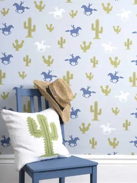 Raumbild Cactus Cowboy, Grey - Bäume - Figuren - Tier Tapeten - Blau - Grau - Grün - Weiß - Hibou Home