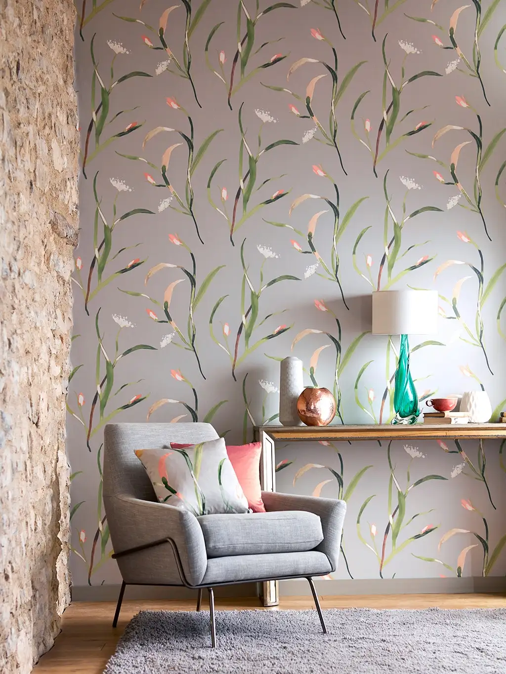 Saona, col. 6 - Blumen - Blätter - Grau - Grün - Rosa - Weiß - Sanderson 