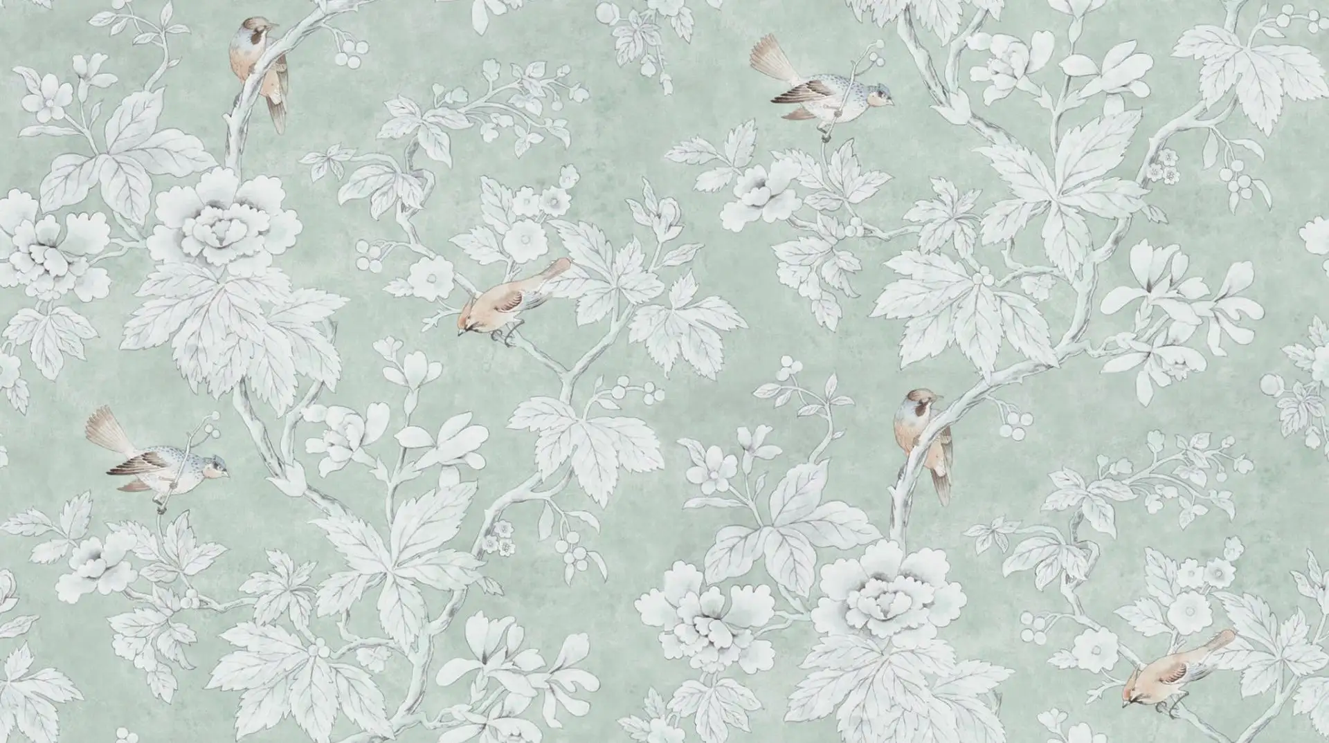 Chiswick Grove, col. 7 - Blumen - Blätter - Tapeten mit Vogelmotiven - Tier Tapeten - Äste - Creme - Hellblau - Hellbraun - Hellgrün - Orange - Sanderson 