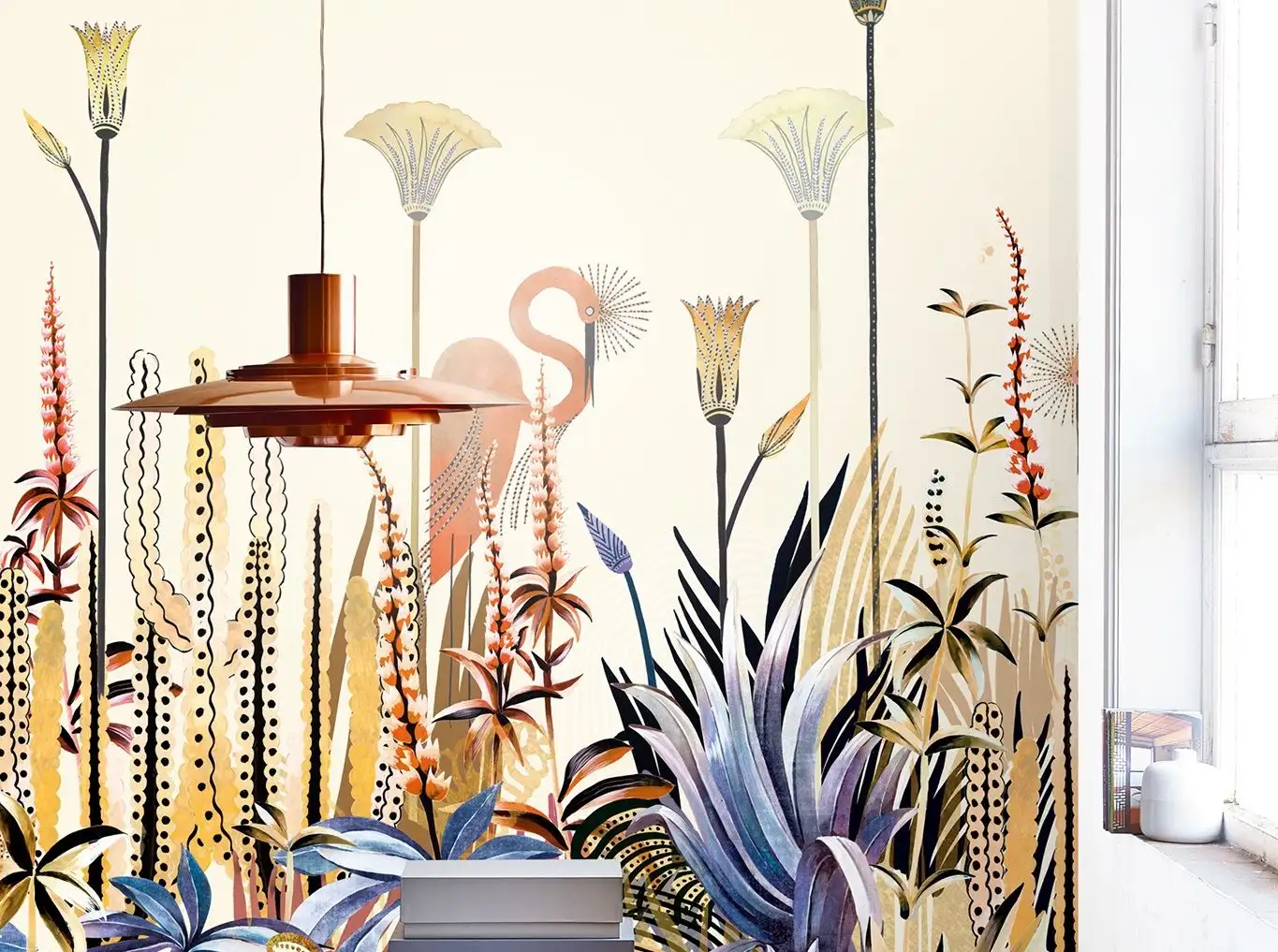 Lush Amparo, col. 01 - Blumen - Blätter - Landschaft - Tapeten mit Vogelmotiven - Tier Tapeten - Multicolor - Masureel