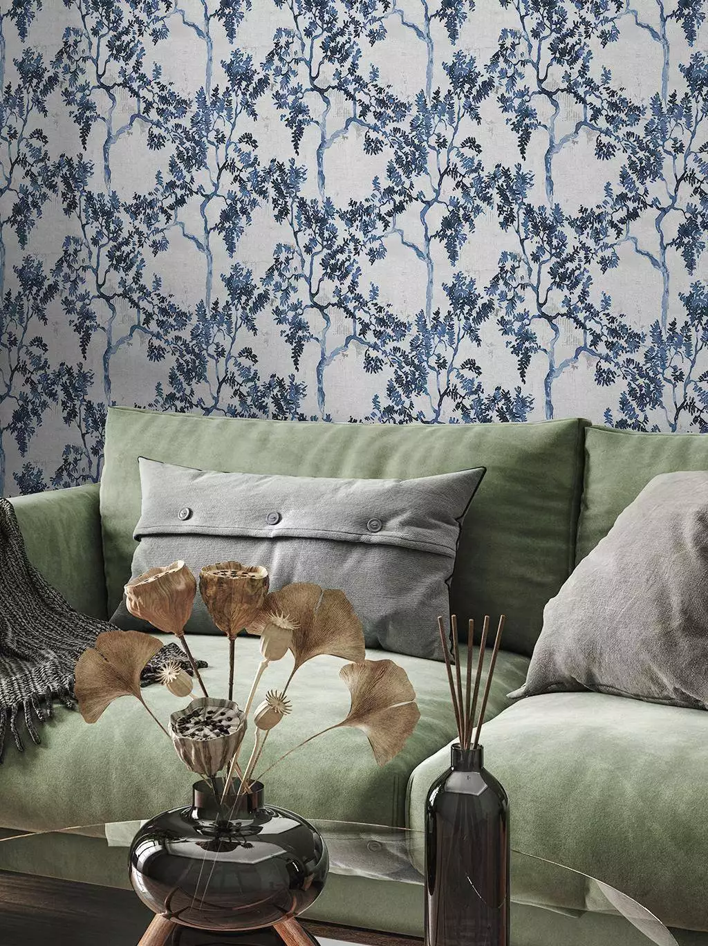 Willow Poem Sapphire - Asia - Blätter - Bäume - Florale Muster - Blau - Creme - Grau - COORDONNÈ