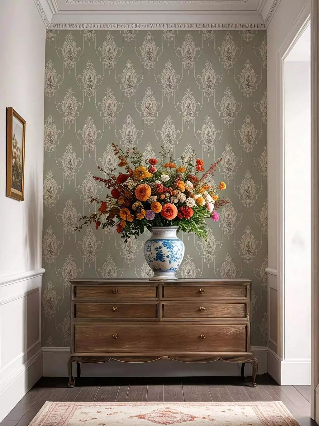 Edsbyn, col. 03 - Blätter - Klassische Muster - Ornamente - Ornamente Tapeten - Creme - Hellgrün - Rosa - GAMMALSVENSKA