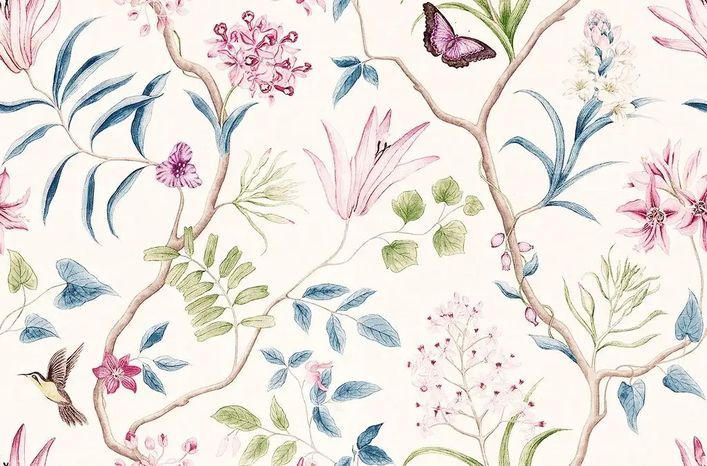 Tine, col.07 - Blumen - Tapeten mit Vogelmotiven - Blau - Grau - Lila - Sanderson 