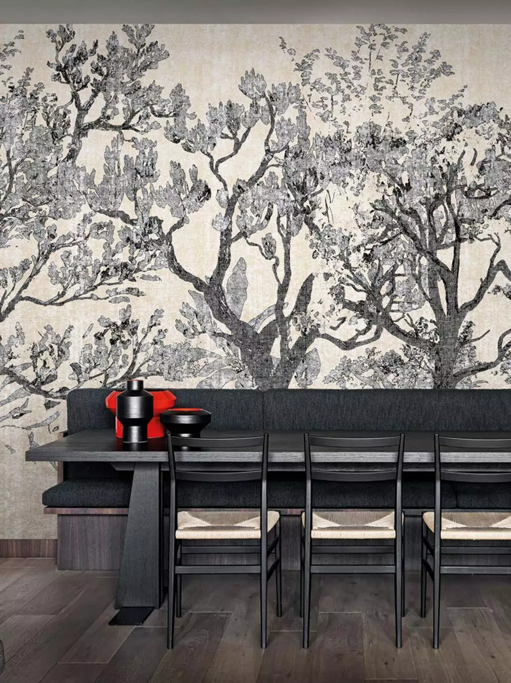 Peaceful - Blätter - Bäume - Florale Muster - FotoTapeten - Landschaft - Anthrazit - Creme - Londonart