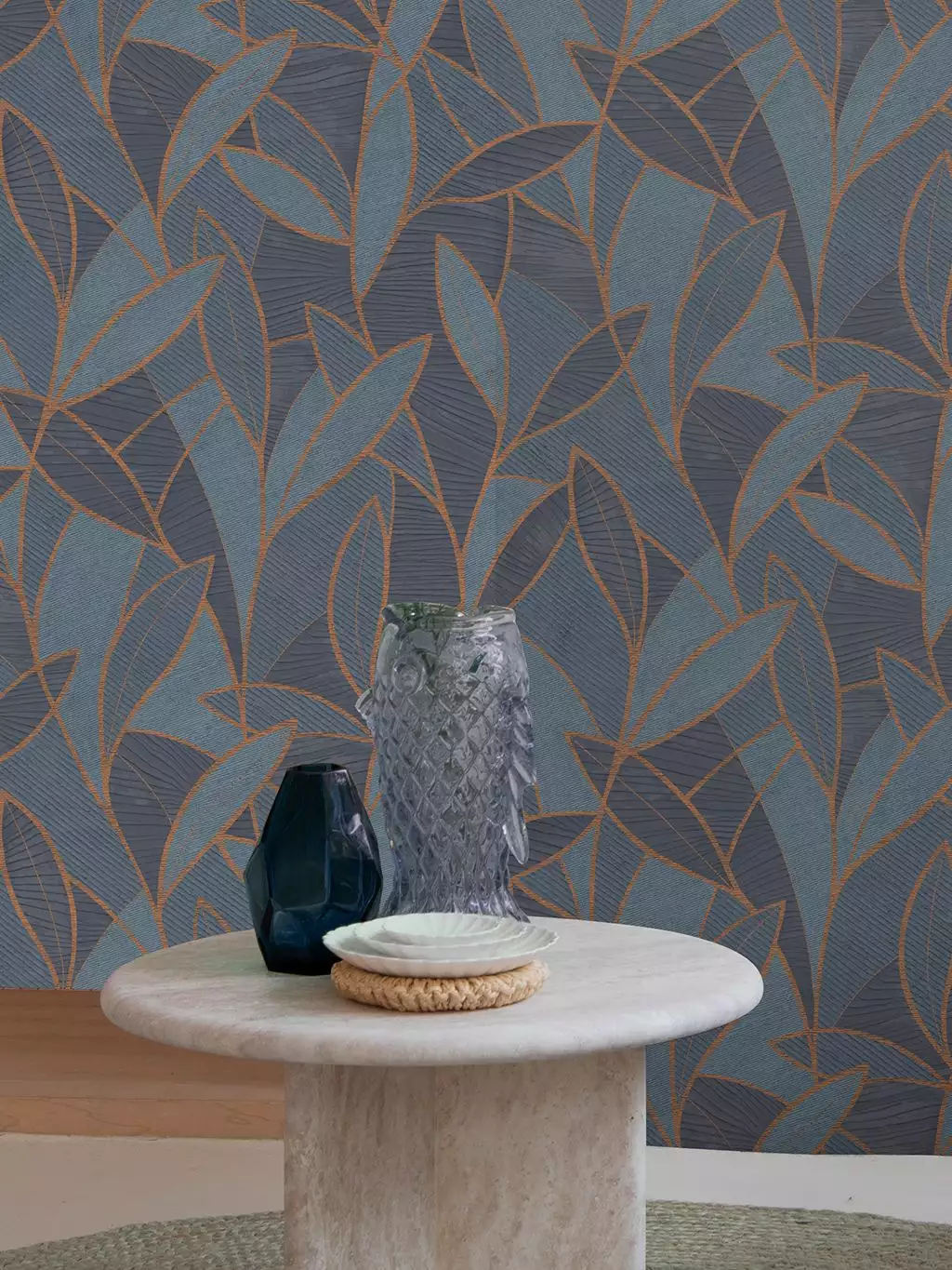 Carved Leaf, col. 02 - Blätter - Florale Muster - Blau - Bronze - DECOPRINT