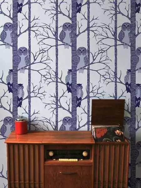 The Owls, Plum - Bäume - Tier Tapeten - Blau - Silber! - Camilla Meijer