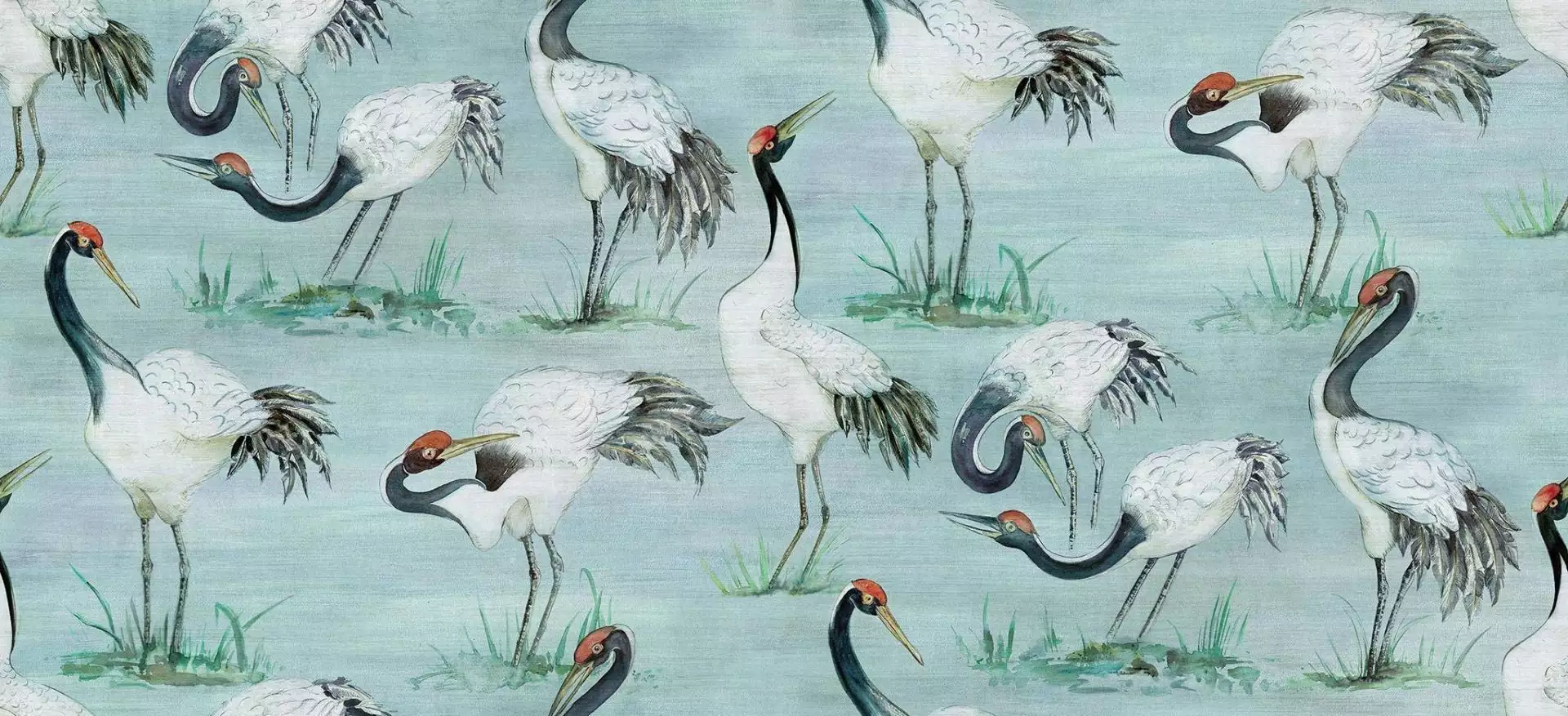 Cranes, col. 2 - Tapeten mit Vogelmotiven - Tier Tapeten - Hellgrün - Rot - Schwarz - Weiß - Osborne & Little