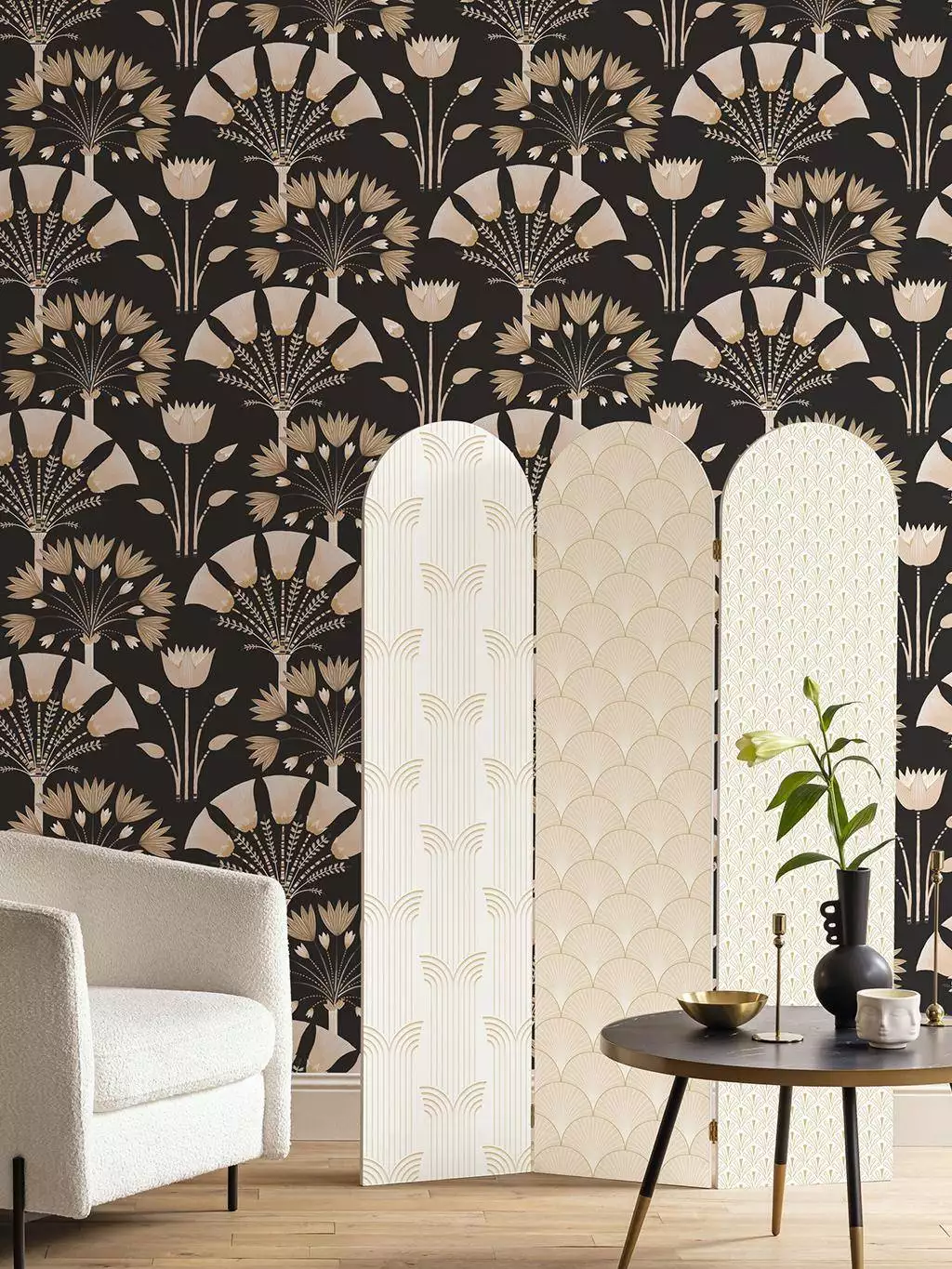 Majestic, col. 24  - Bögen - Florale Muster - Fächer - Creme - Hellbraun - Schwarz - Caselio