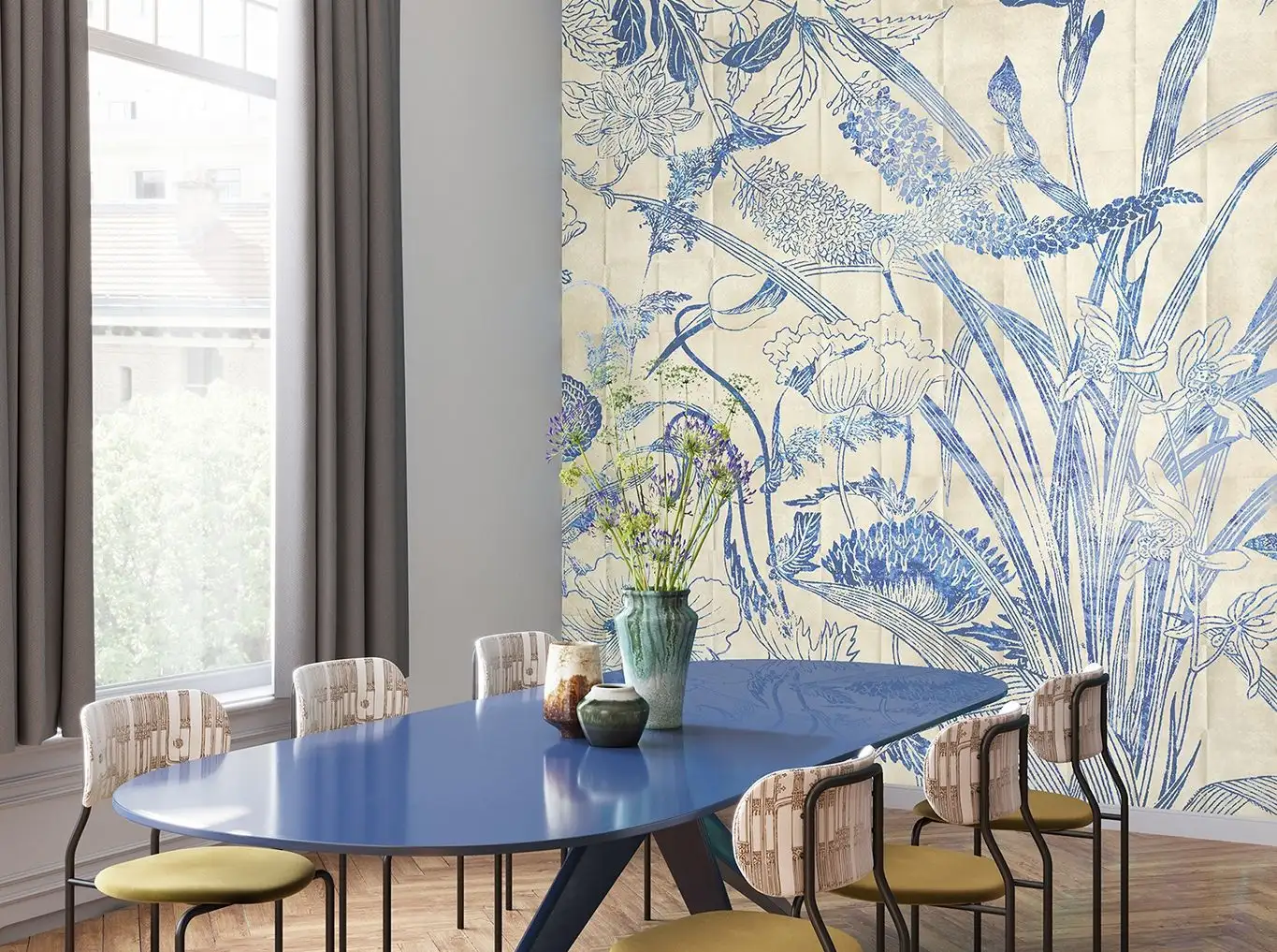 Lei delft, col. 01 - Blumen - Blätter - Blau - Creme - Masureel