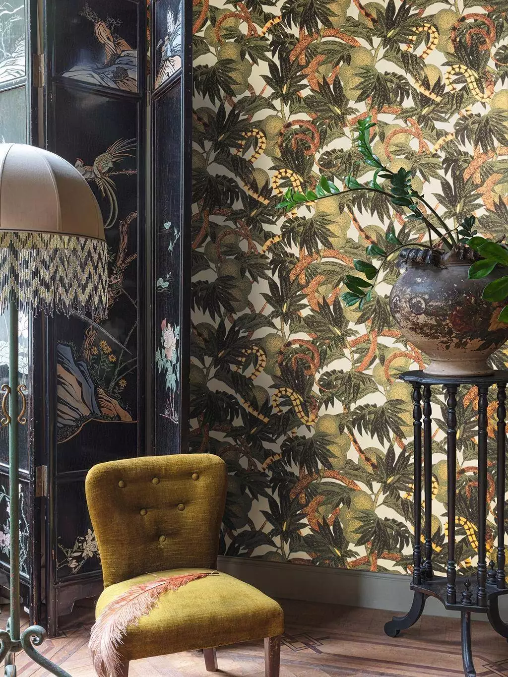 Equator, Jungle - Blätter - Früchte - Tier Tapeten - Braun - Creme - Gold - Grün - Masureel