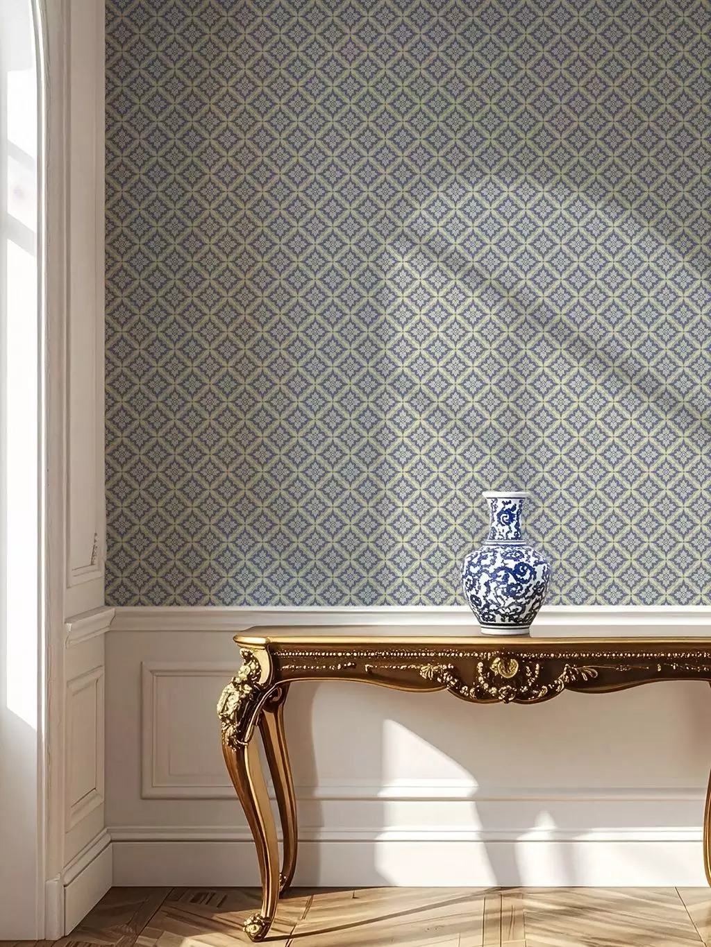 Ingrid, col. 04 - Klassische Muster - Ornamente - Ornamente Tapeten - Rauten - Blau - GAMMALSVENSKA