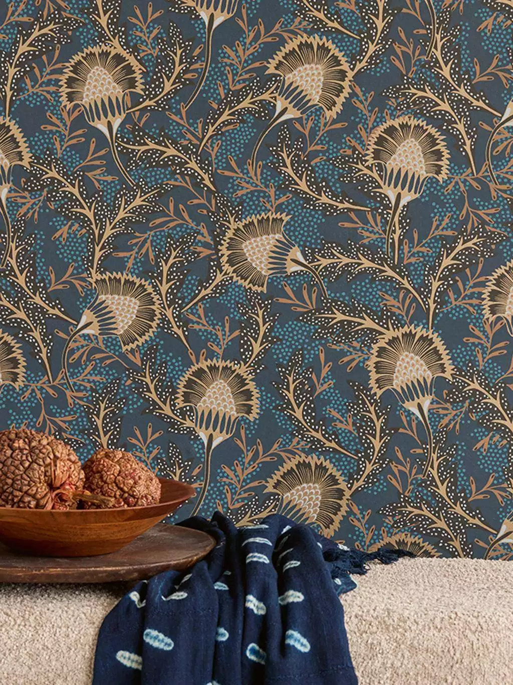 Solange Flower, col. 15 - Blumen - Blätter - Florale Muster - Blau - Creme - Hellbraun - 