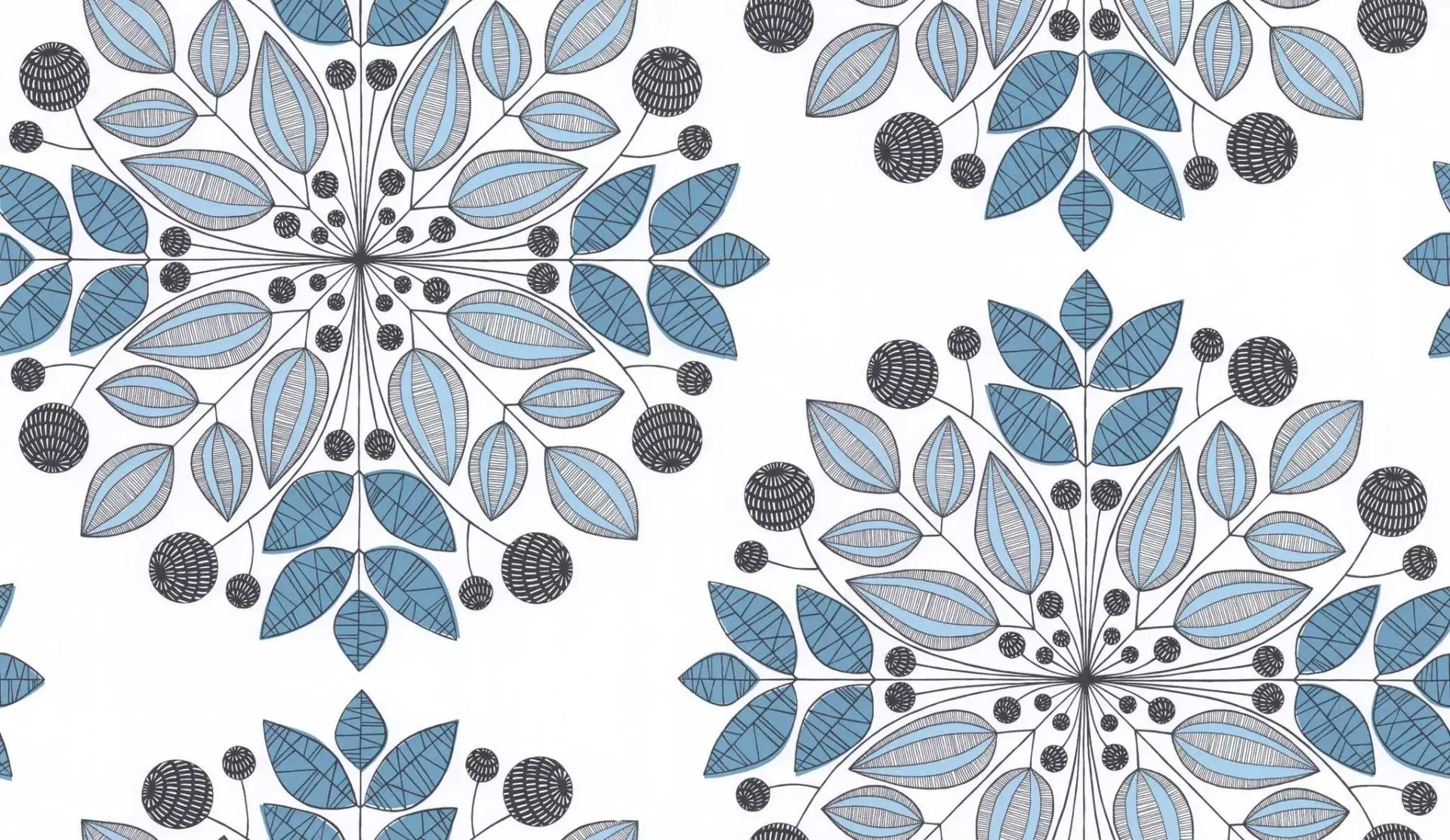 Kaleidoscope, col.01 - Blätter - Ornamente Tapeten - Hellblau - Schwarz - Weiß - MissPrint