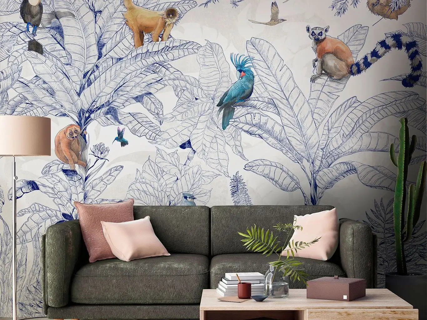 JUNGLE CLUB, BLUE - Blätter - Tapeten mit Vogelmotiven - Tier Tapeten - Multicolor - Tecnografica