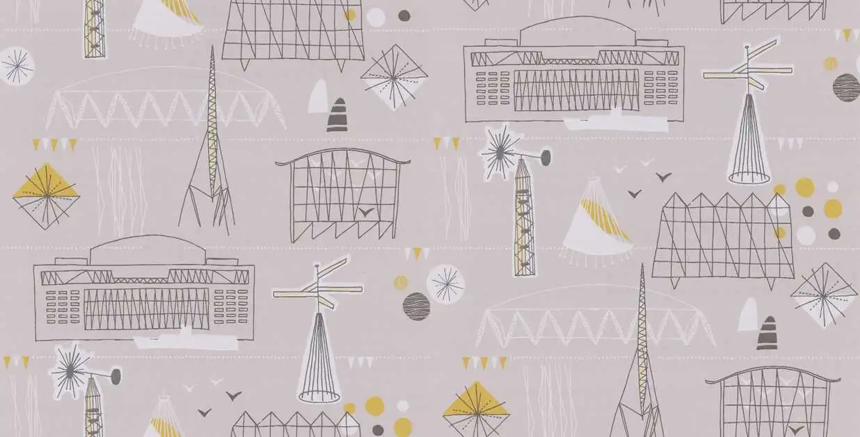 Festival, concrete - Gebäude - Retro - Zeichnungen - Gelb - Grau - Schwarz - Weiß - Mini Moderns