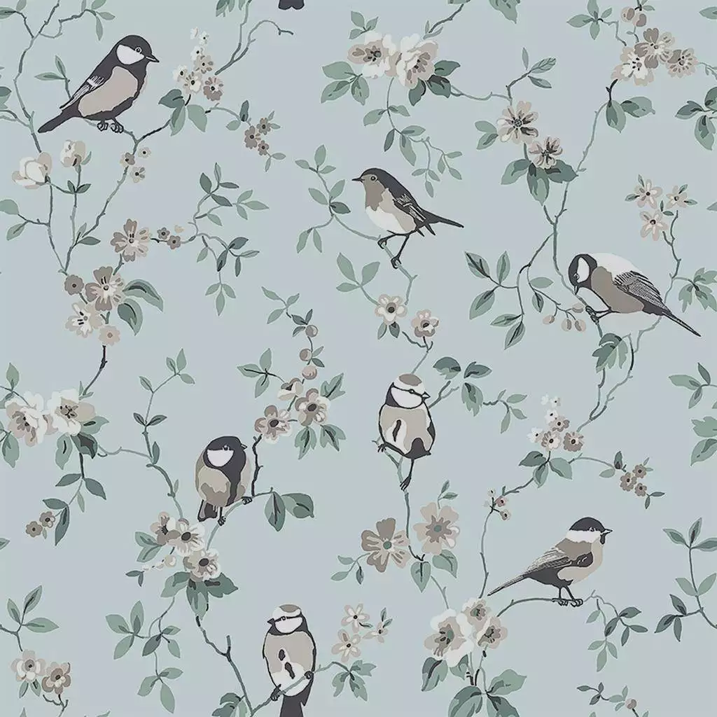 Falsterbo Birds, col. 1 - Blumen - Blätter - Tapeten mit Vogelmotiven - Tier Tapeten - Äste - Hellblau - Hellbraun - Hellgrün - Schwarz - Weiß - 