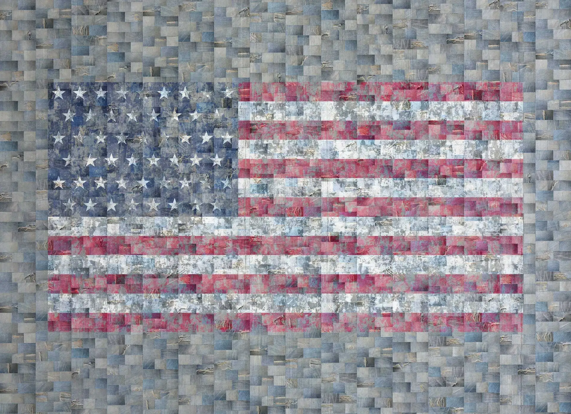 flags, col.01 - Collage - Fahne - FotoTapeten - Jeans - Patchwork - Sterne - Stofftapeten - Blau - Grau - Rot - Weiß - Carlos