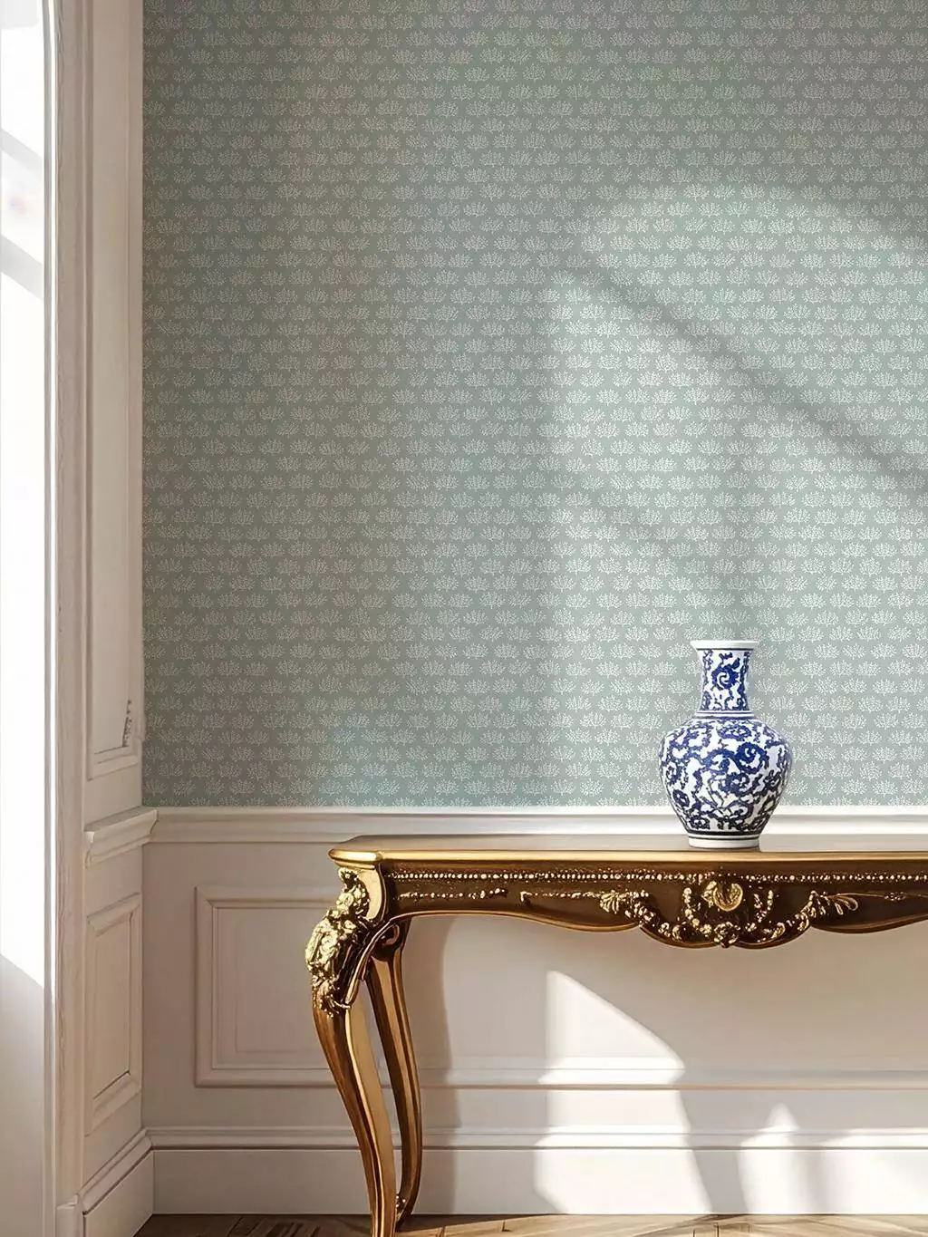 Majken, col. 03 - Blätter - Florale Muster - Creme - Hellblau - GAMMALSVENSKA