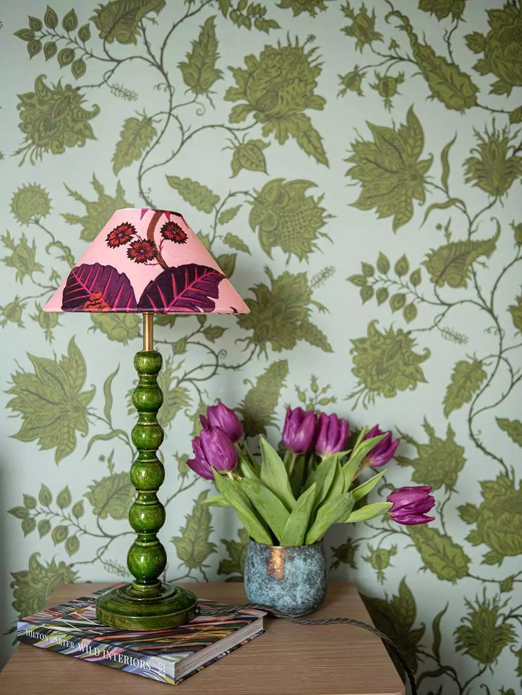 Hermosa Wallpaper in Jade/Peridot - Blumen - Blätter - Florale Muster - Grau - Hellblau - Wear the walls