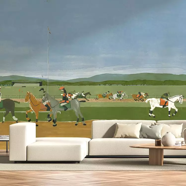 Troton - Tapete mit Pferderennen - Landschaft - Tiere - Blau - Grün - Multicolor - Tres Tintas