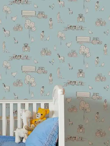 Cluck a doodle farm, light blue - Fahrzeuge - Tier Tapeten - Anthrazit - Creme - Hellblau - Katie Bourne