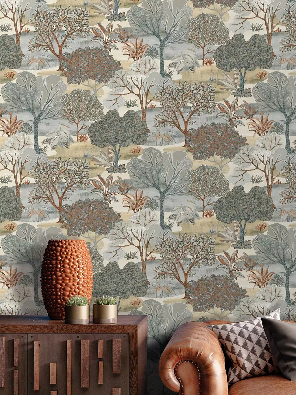 Allure Park, col. 51 - Blätter - Bäume - Florale Muster - Anthrazit - Braun - Creme - Hellblau - DECOPRINT