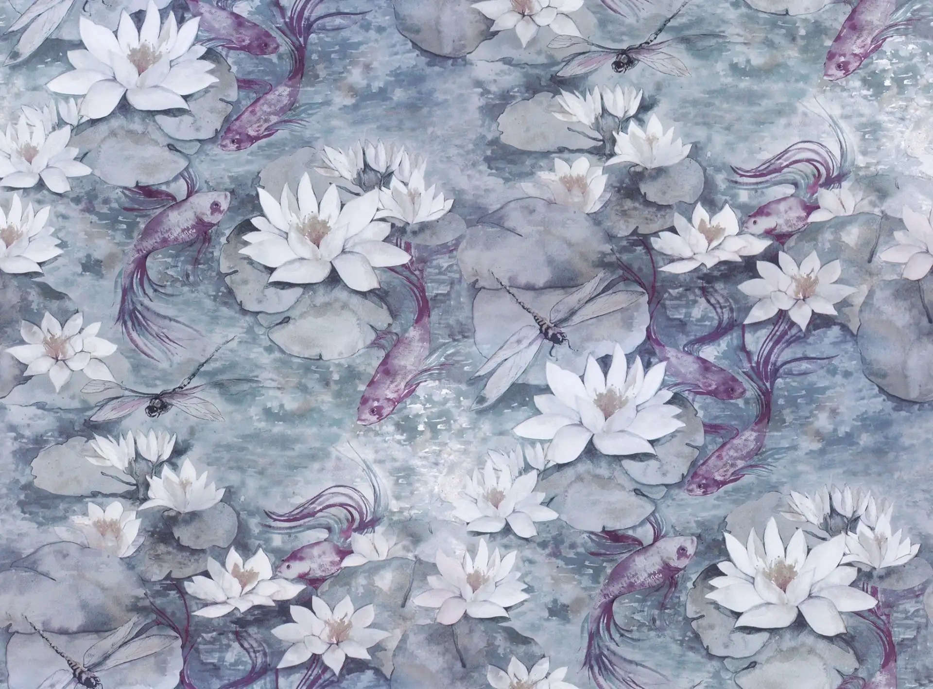Water Lily, col. 4 - Aquarell - Blumen - Flock - Tier Tapeten - Lila - Ocker - Petrol - Silber - Osborne & Little