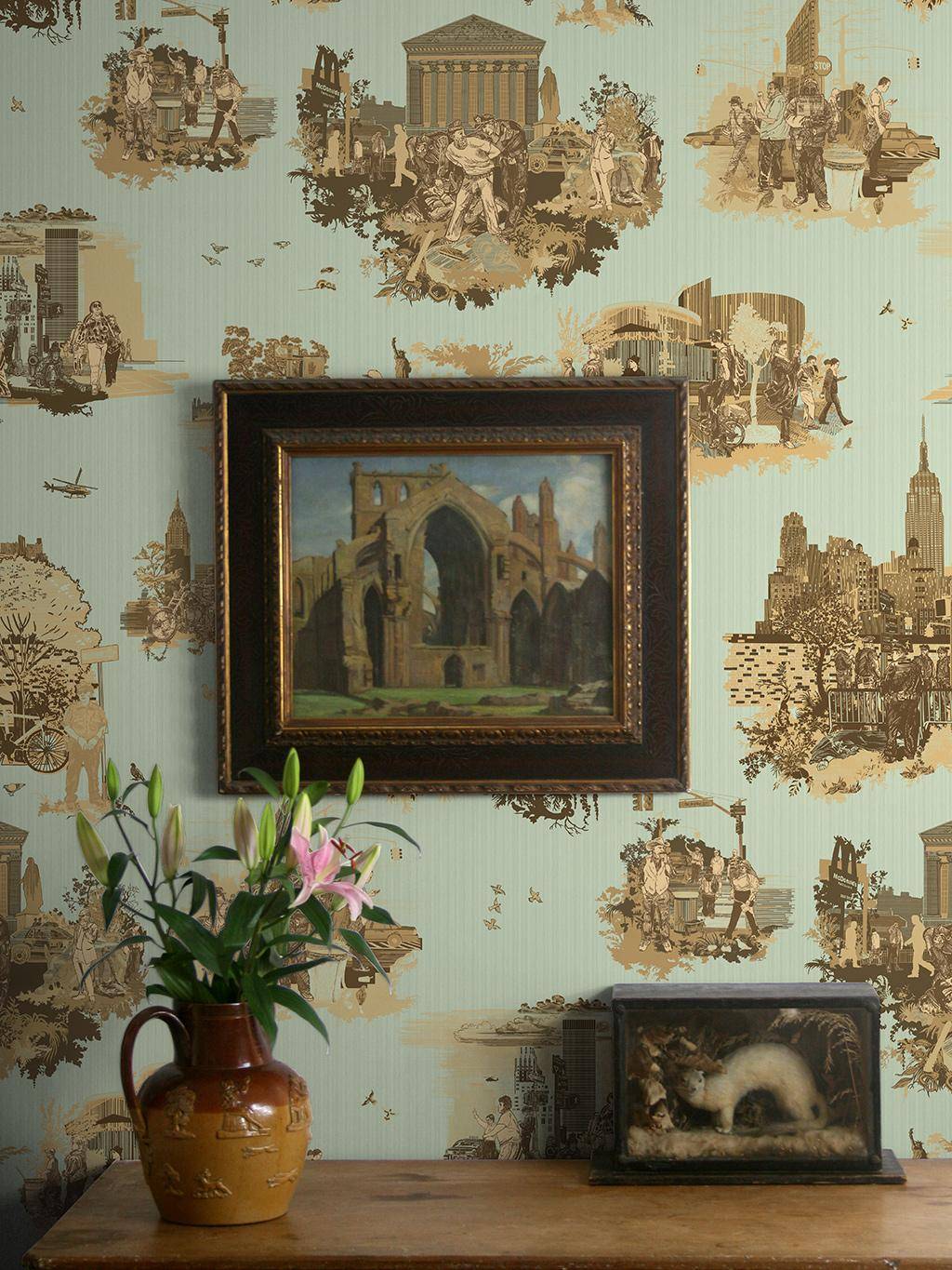 New York Toile, col. 05 - Stadt - Toile de Jouy - Grün - Timorous Beasties