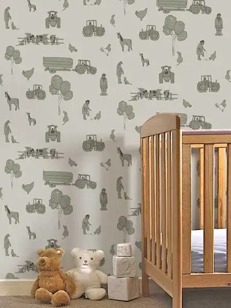 Cluck a doodle farm, cream and green - Fahrzeuge - Tier Tapeten - Anthrazit - Creme - Olive - Katie Bourne