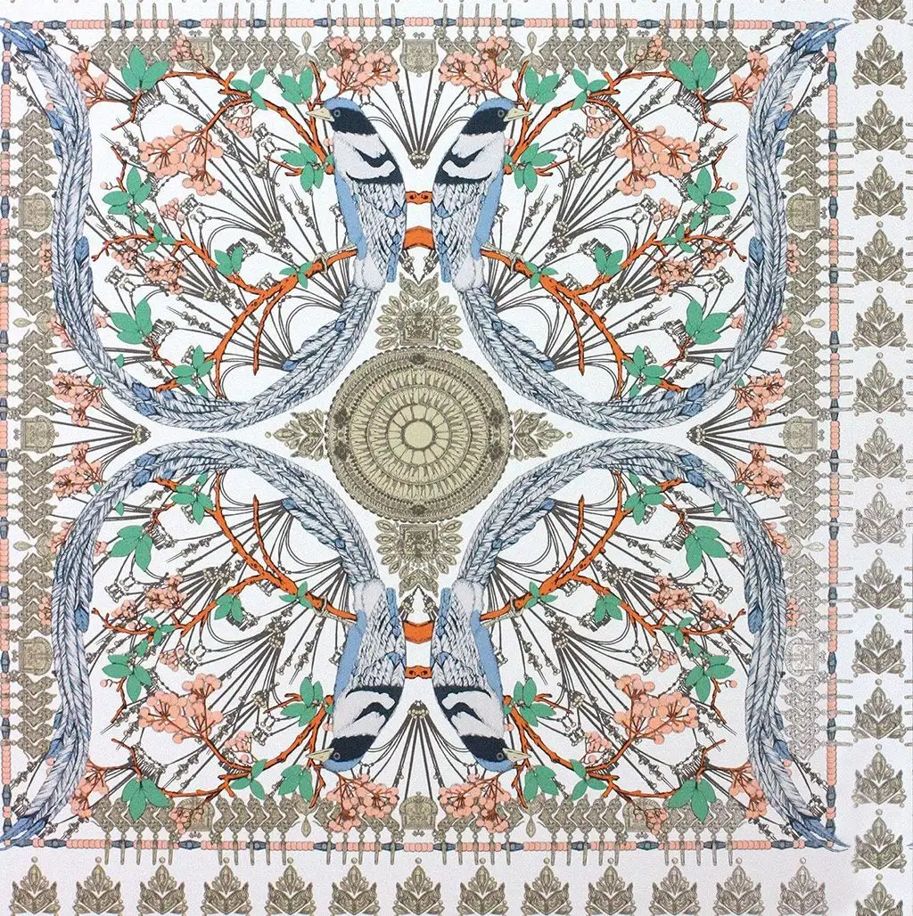 Lyrebird, col. 2 - Fliesen - Kachel &amp - Ornamente Tapeten - Tapeten mit Vogelmotiven - Blau - Creme - Grün - Orange - Silber - Osborne & Little