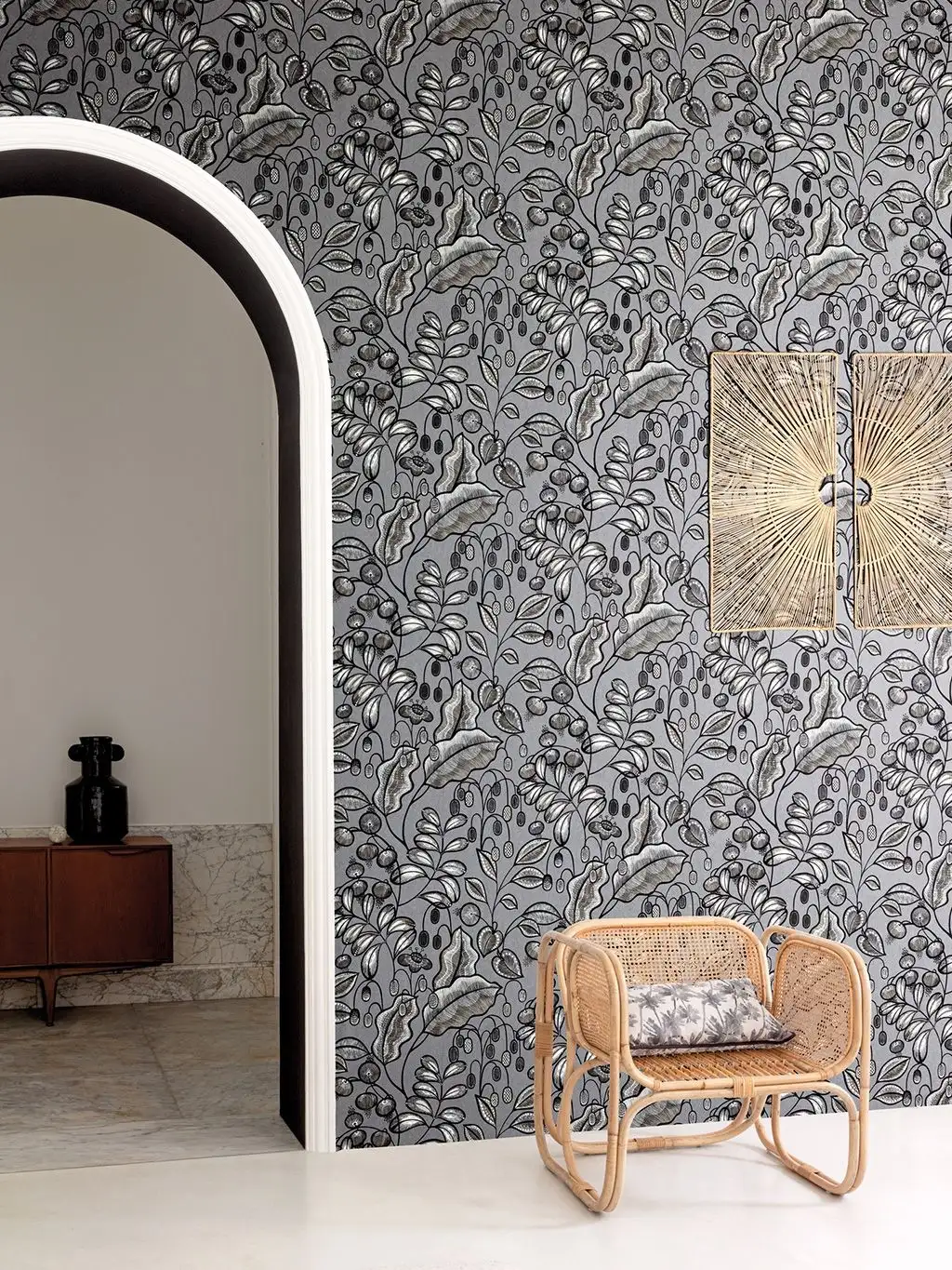 BAHIA NIGHT - Blumen - Blätter - Grau - Schwarz - Weiß - Masureel