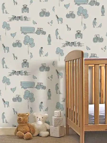 Cluck a doodle farm, cream and blue - Fahrzeuge - Tier Tapeten - Anthrazit - Creme - Hellblau - Katie Bourne