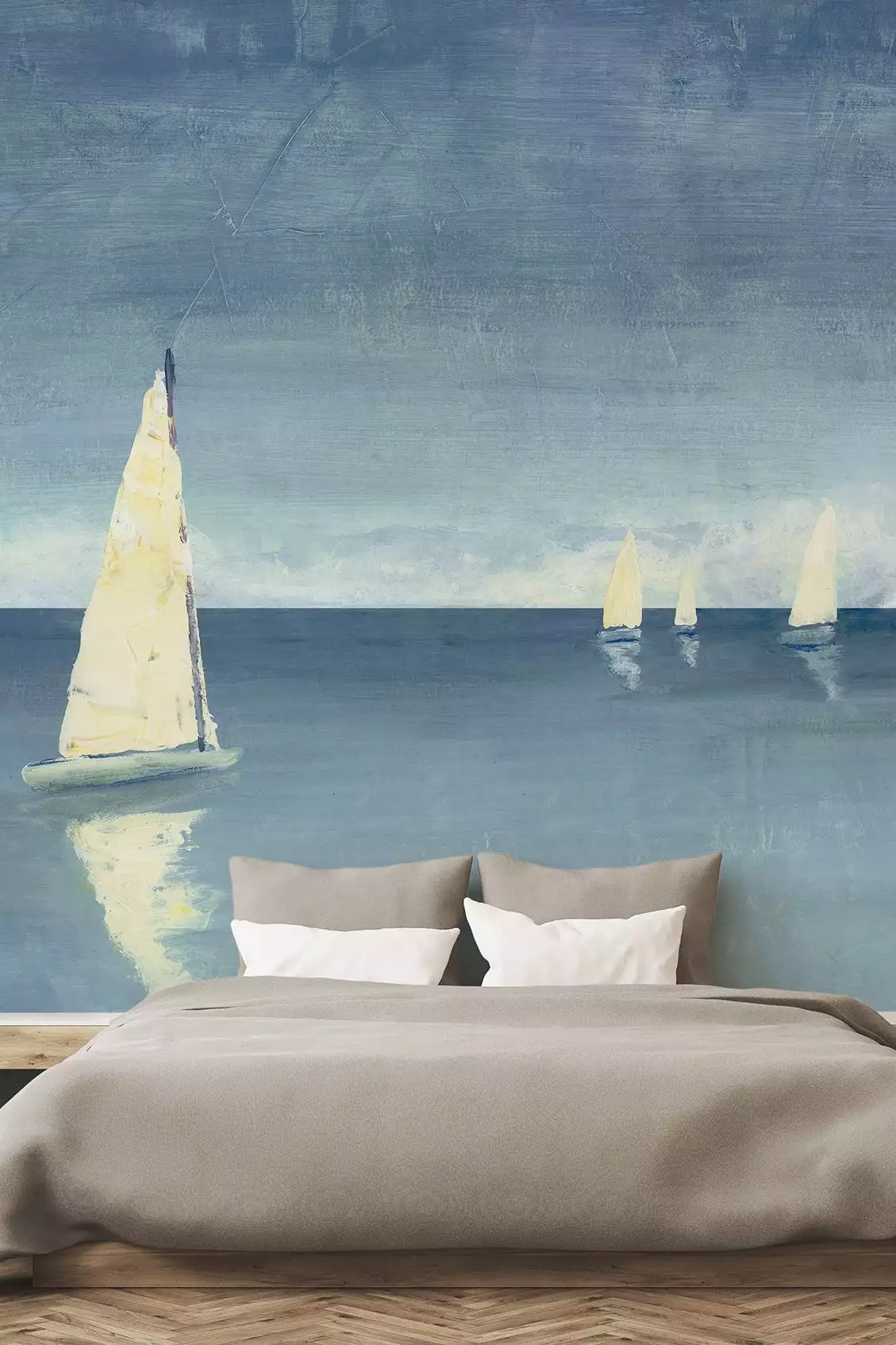 Ponto - Die Tapete mit Segelbooten - Meer - Schiffe - Strand - Wasser - Blau - Creme - Hellblau - Tres Tintas