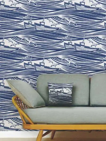 Whitby, washed denim - Nautic - Tier Tapeten - Wellen - Blau - Creme - Mini Moderns