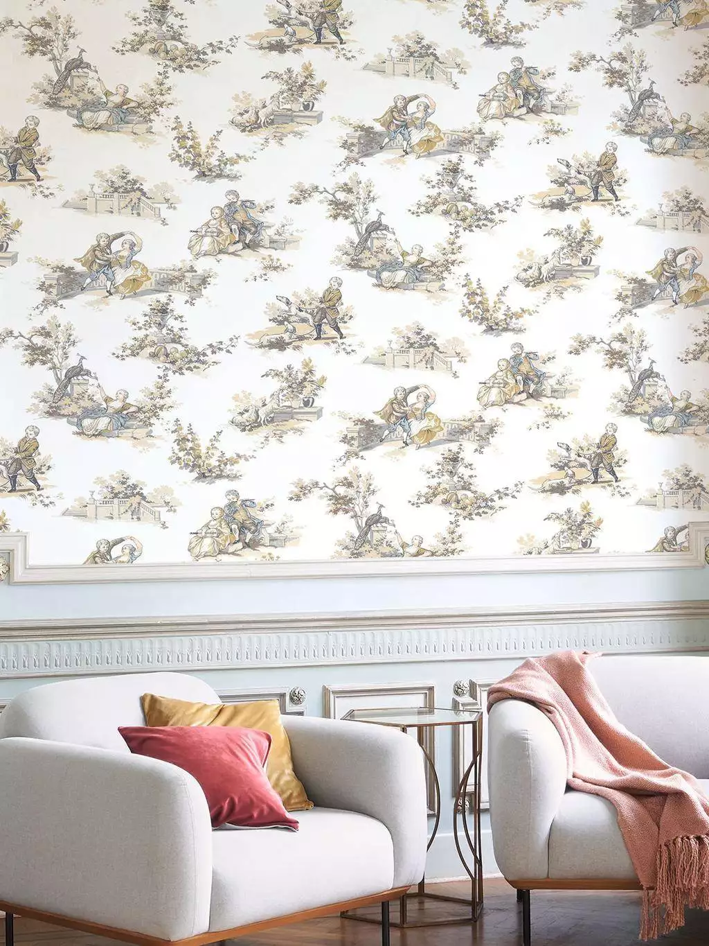 Gavotte, col. 19 - Figuren - Toile de Jouy - Zeichnungen - Beige - Hellblau - Multicolor - Casadeco