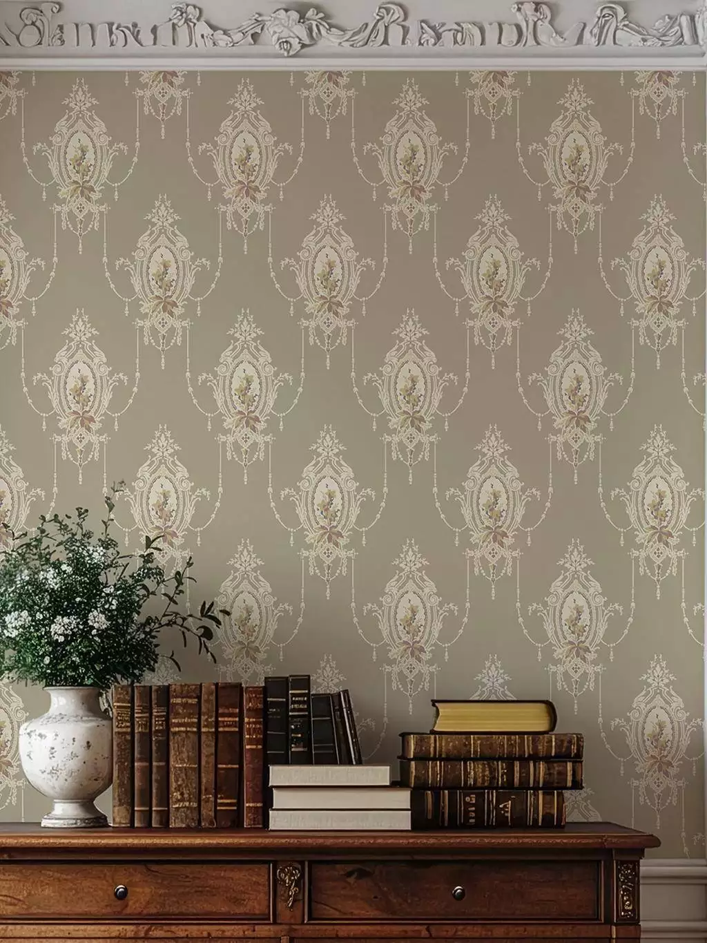 Edsbyn, col. 02 - Blätter - Klassische Muster - Ornamente - Ornamente Tapeten - Creme - Hellgrün - Rosa - GAMMALSVENSKA