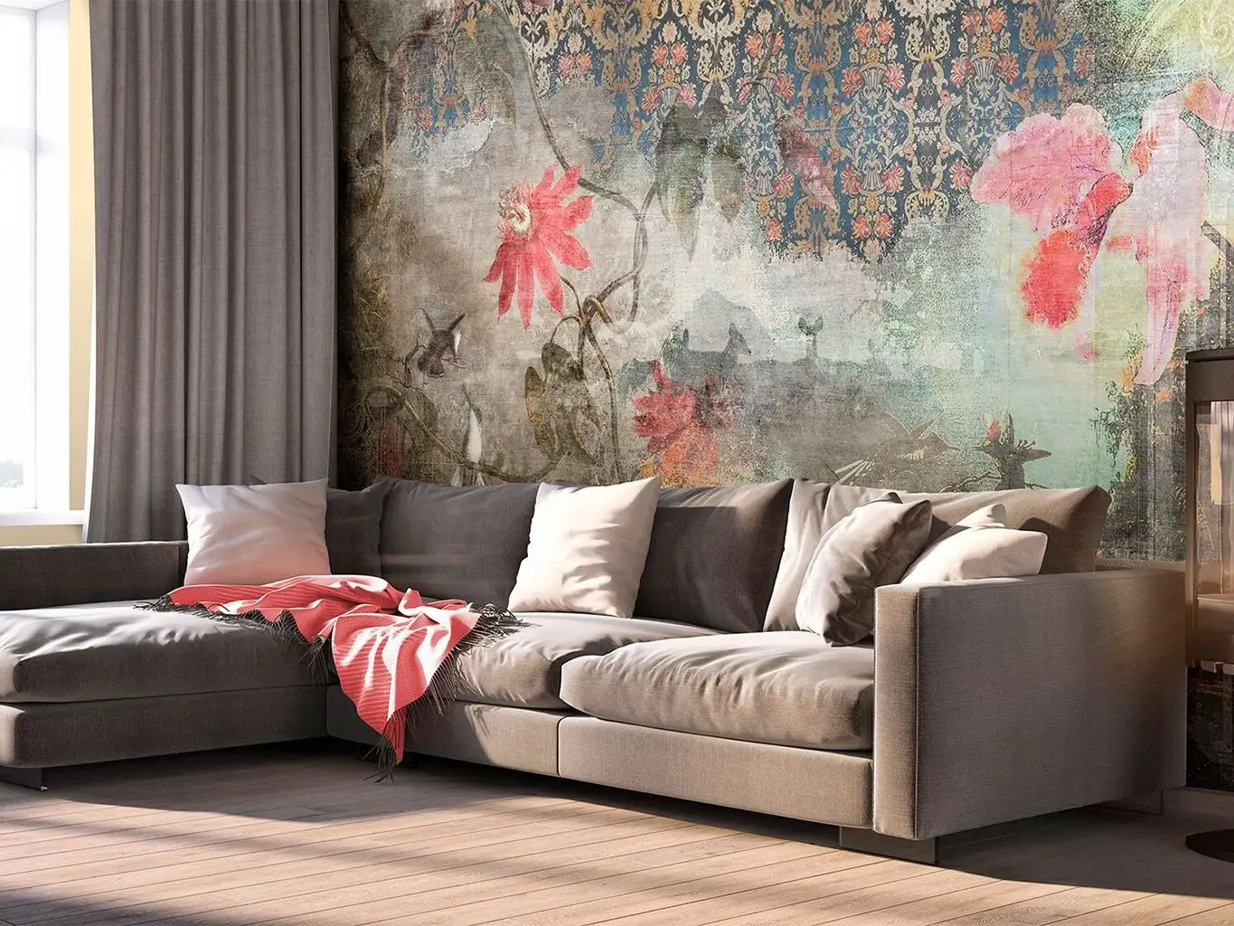 MADRAS - Blumen - Blätter - Collage - Teppich - Tier Tapeten - Multicolor - Tecnografica