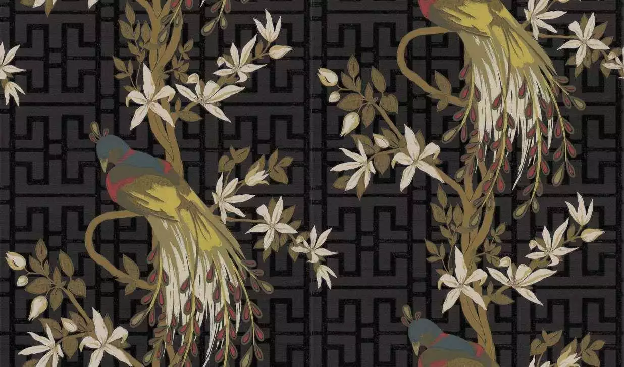Soraya, col.05 - Blumen - Blätter - Tapeten mit Vogelmotiven - Anthrazit - Hellbraun - Multicolor - Weiß - Osborne & Little
