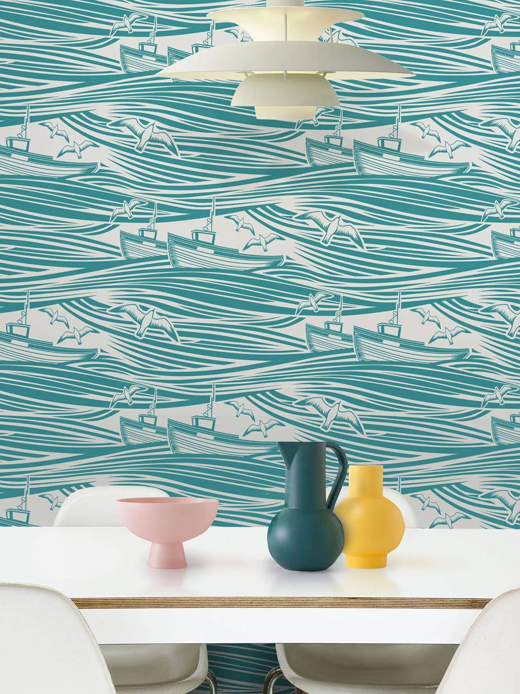 Whitby, lido - Nautic - Tier Tapeten - Wellen - Creme - Türkis - Mini Moderns
