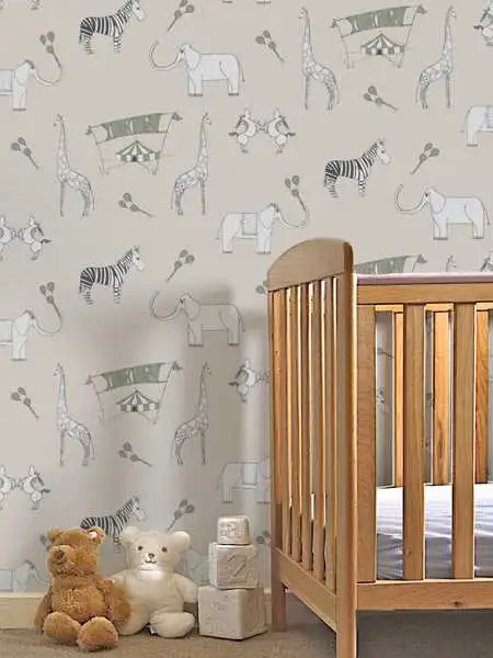 Merry go circus, cream and green - Tier Tapeten - Anthrazit - Creme - Hellbraun - Olive - Katie Bourne