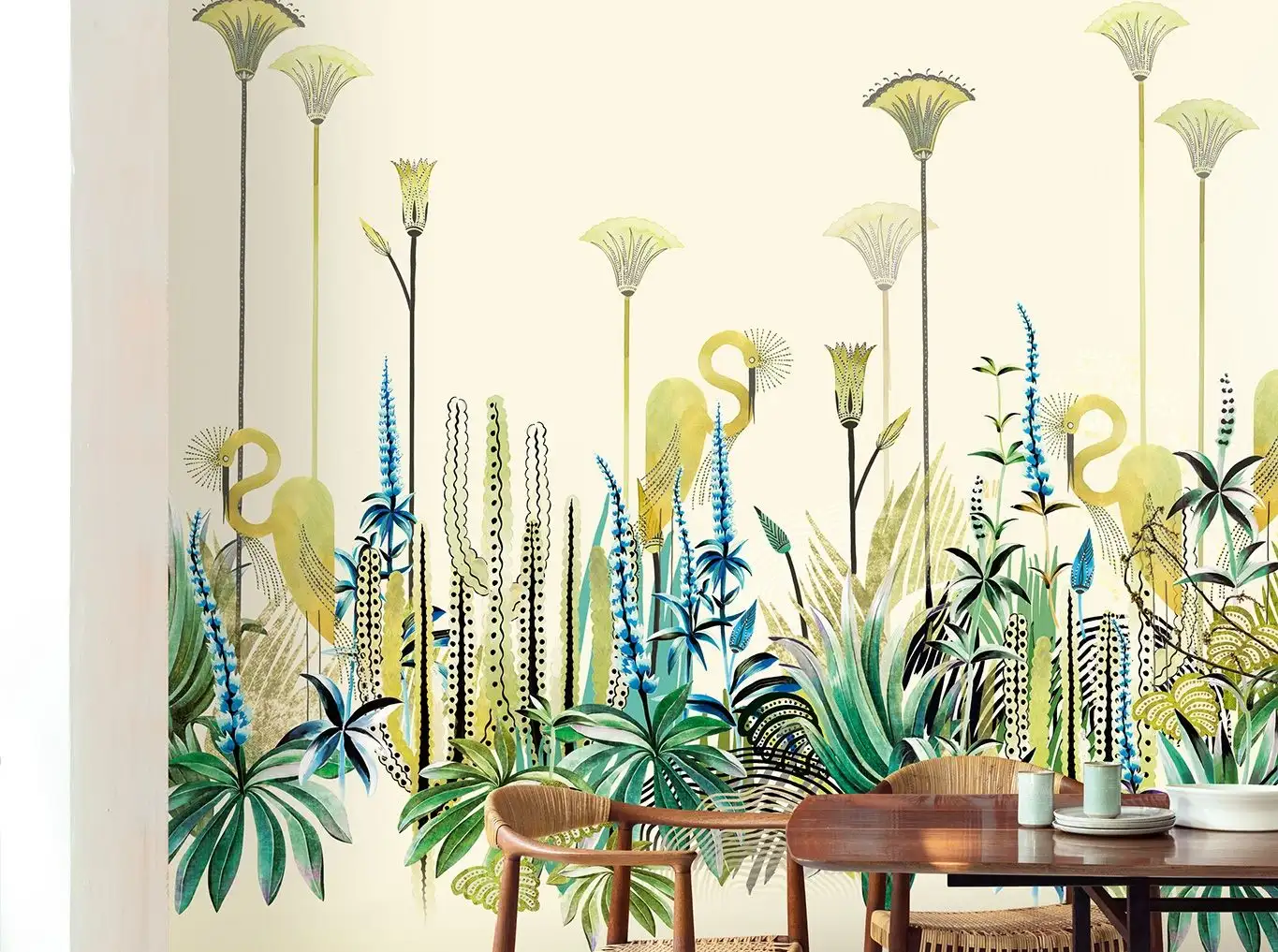 Lush Amazon, col. 01 - Blumen - Blätter - Landschaft - Tapeten mit Vogelmotiven - Tier Tapeten - Multicolor - Masureel