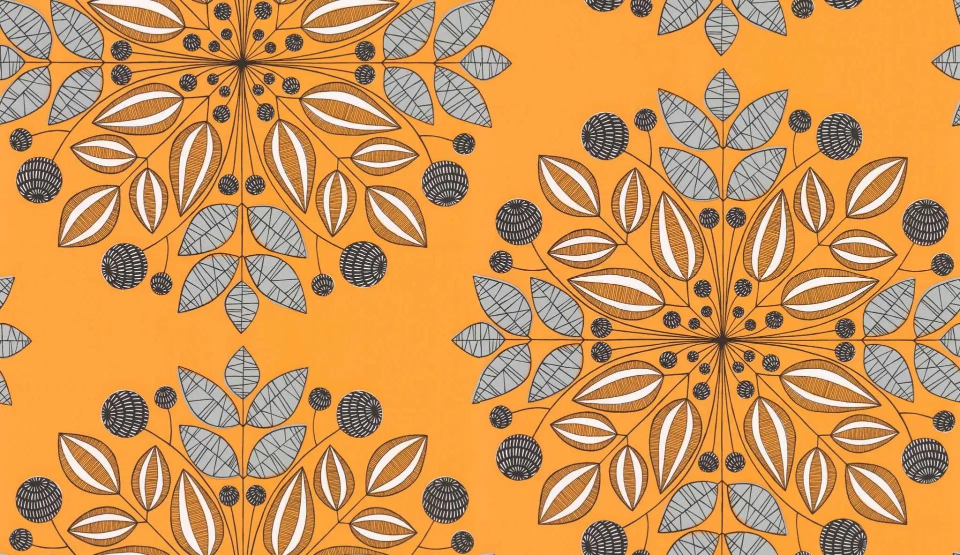 Kaleidoscope, col.05 - Blätter - Ornamente Tapeten - Orange - Schwarz - Weiß - MissPrint