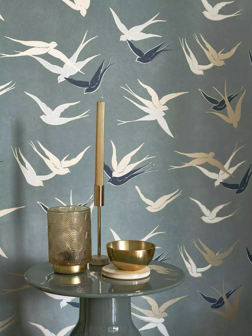 Swallow, col. 03 - Fauna - Tiere - Vögel - Anthrazit - Gold - Hellgrün - Weiß - Casadeco