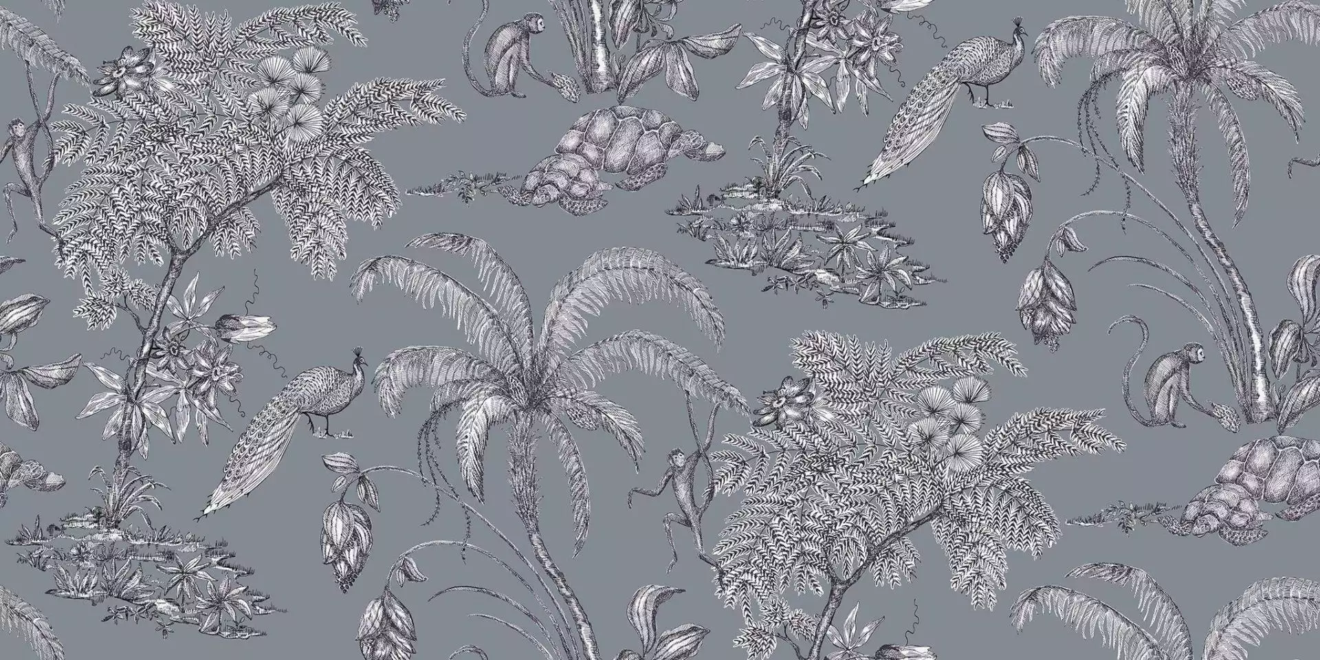 Moa, col. 08 - Blumen - Blätter - Tier Tapeten - Äste - Anthrazit - Grau - Weiß - Emil Rotter