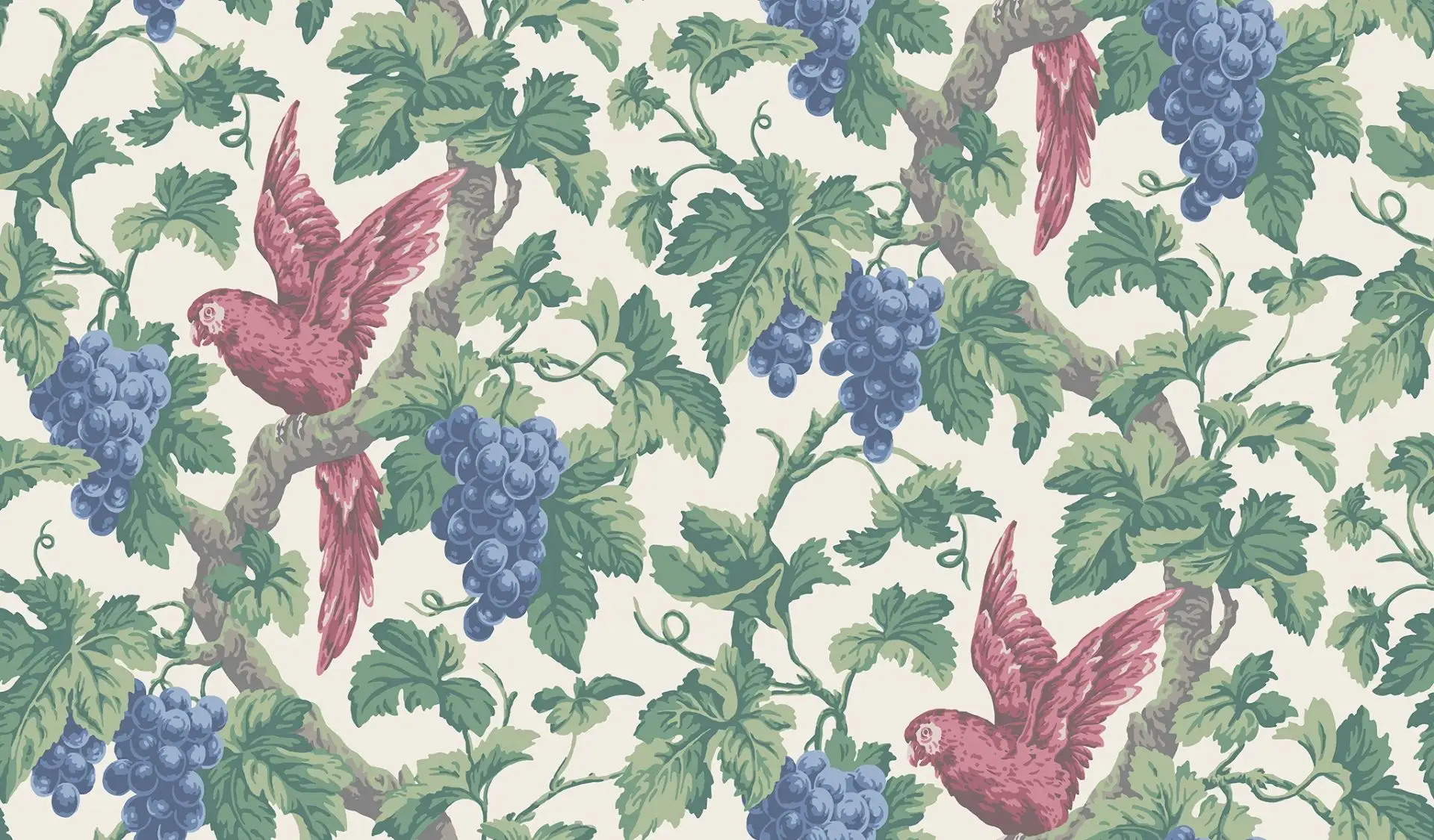 Woodvale Orchard, col. 8 - Blumen - Blätter - Früchte - Tapeten mit Vogelmotiven - Tier Tapeten - Äste - Blau - Creme - Grün - Rot - Cole & Son
