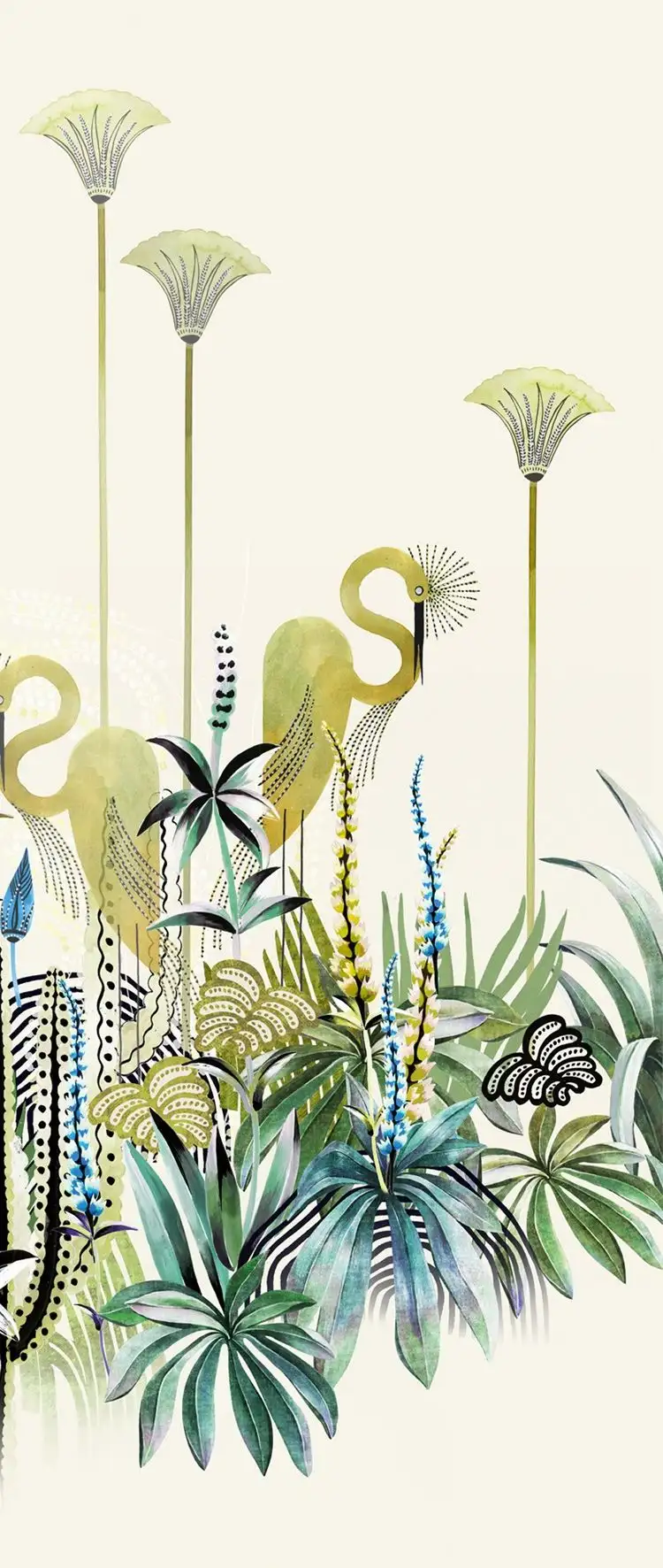 Lush Amazon, col. 03 - Blumen - Blätter - Landschaft - Tapeten mit Vogelmotiven - Tier Tapeten - Multicolor - Masureel